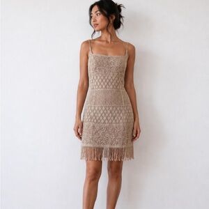 Bari Jay Taupe Lace Fringe Mini Dress